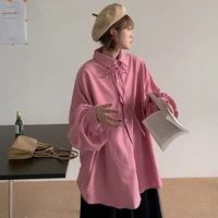 pink long sleeved shirt womens 2021 spring and autumn new korean version of loose student design shirt in the long top trend
