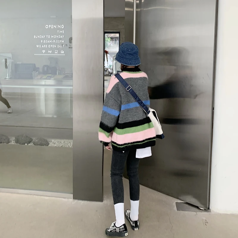 

Kimutomo Striped Thick Cardigan Women Autumn Winter Korea Chic Knitted Sweater Ladies Turn-down Collar Patchowrk Outwear