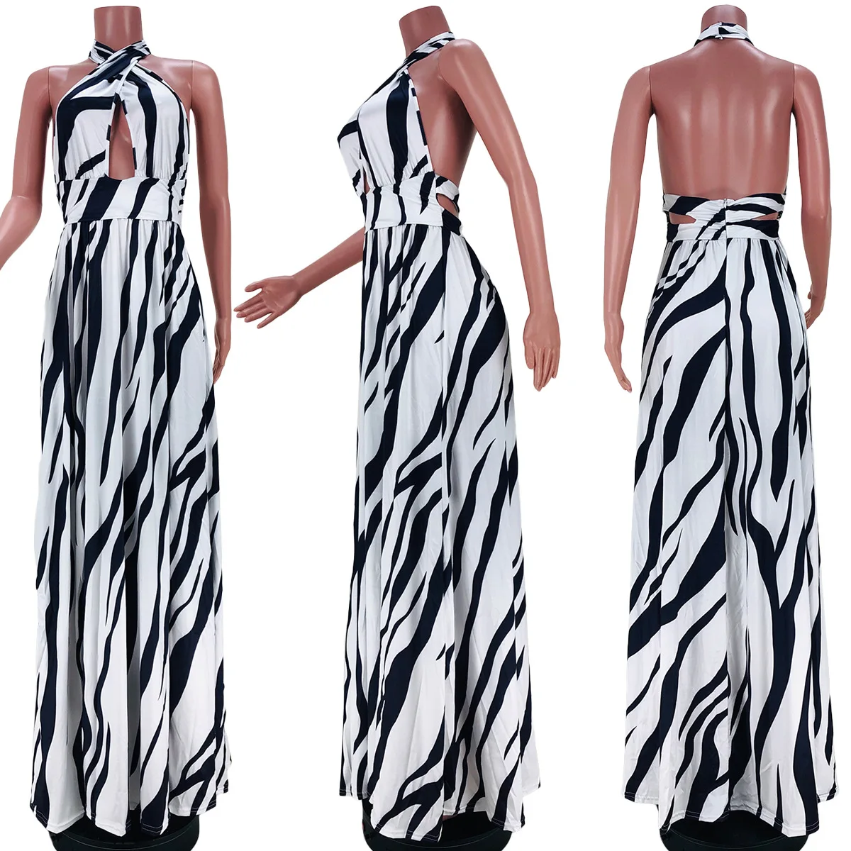 

Sexy Women Maxi Dresses Fashion Striped Print Halter Neck Sleeveless Casual Lady Slim Waist Hollow Out Floor Length Dresses