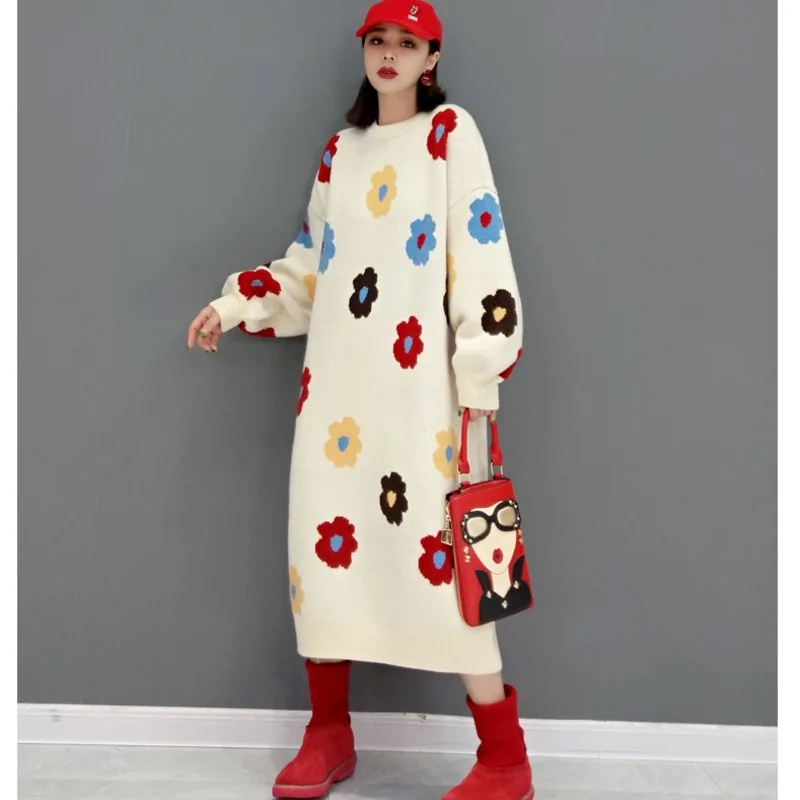 QING MO Fashion Printed Knitted Sweater Dress Women 2022 Spring Winter New Casual Pullover Over The Knee ZWL1509 | Женская одежда