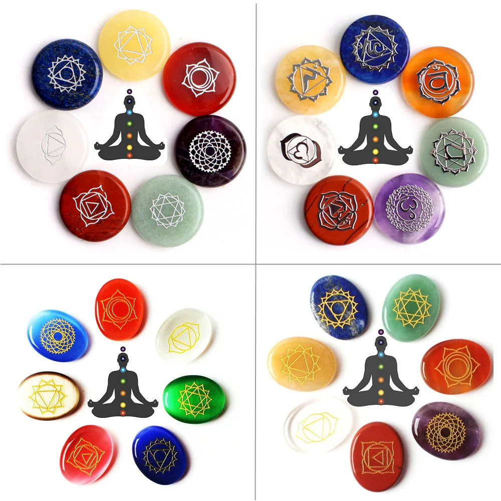 

7 Chakra Stones Set Gemstone Cat Eye Stone Symbols Set Palm Stone Crystal Gemstones Gift Decor Reiki Healing