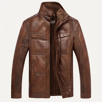 men jacket long sleeve stand collar faux leather fleece lined zip warm motorcycle short jacket pocket coats autumn winter