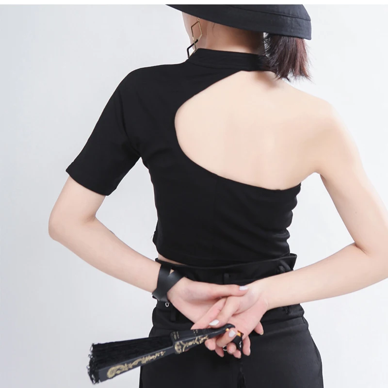 Off-the-shoulder High-waisted Short T-shirt Tide Niche Design Velcro Small Collar Knockout Unilateral Sleeve Female O-neck | Женская