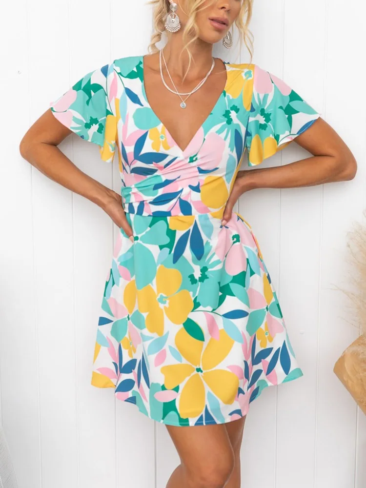 

Floral Print Summer Dress 2022 Women Short Sleeve Vacation Beach Mini Dress Crossover V Neck Waist Back Tie Faux Wrap Dress