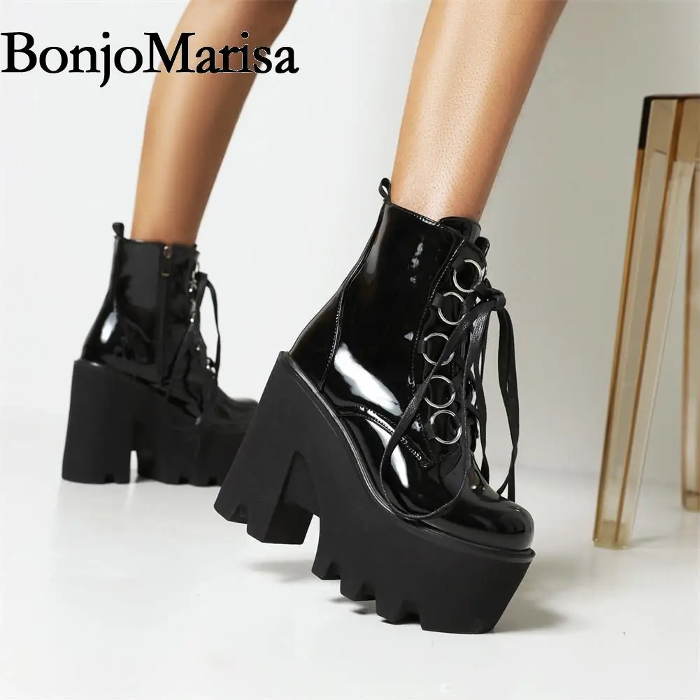 

BONJOMARISA Brand Platform Chunky Heel Goth Women Boots Zipper Lace Up Metal Punk Cool Motorcycle Combat Boots For Women