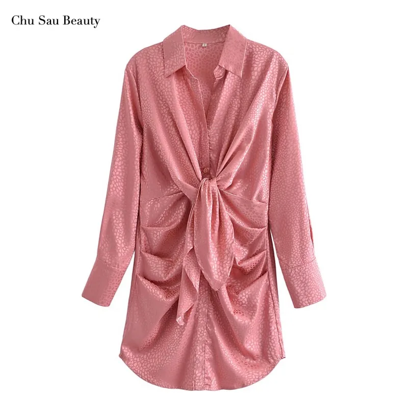 

Ladies Spring And Autumn Retro Elegant Long Sleeve V-Tie Belted Shirt Dress Fashion Slender Sexy Street Dress Party Dress