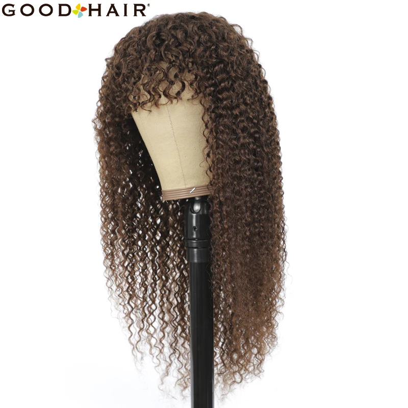 

Medium Brown Kinky Curly Brazilian Cheap Wigs With Bangs Full Machine Made 150 Density Remy Curly Human Hair Wigs GOOD HAIR