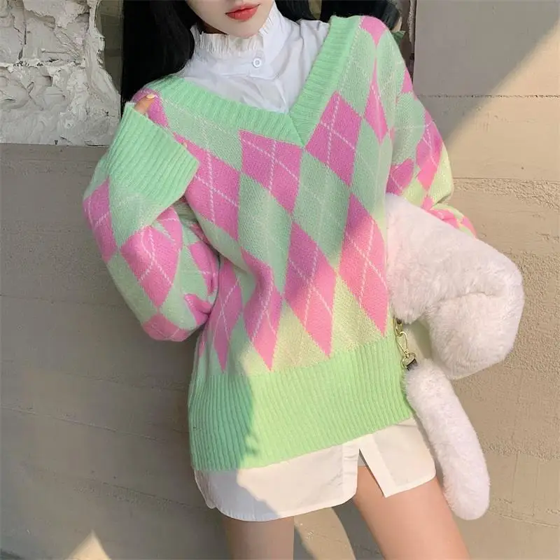 

Autumn green contrast color rhombus women's loose mid-length sweater coat sweater knitwear vintage jumper top clothes plaid size