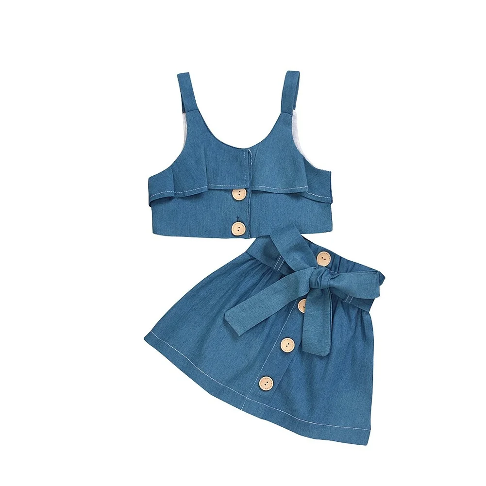 

2021 summer new children's clothing girls solid color denim 2-piece high-waist sleeveless top + short skirt sweet suit