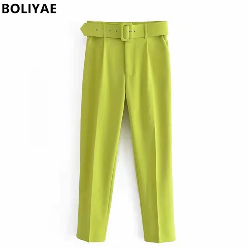 

Boliyae New Women Fashion Belt Side Pockets Office Wear Pants Vintage High Waist Zipper Fly Female Ankle Trousers Mujer Straight