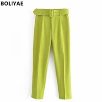 boliyae new women fashion belt side pockets office wear pants vintage high waist zipper fly female ankle trousers mujer straight