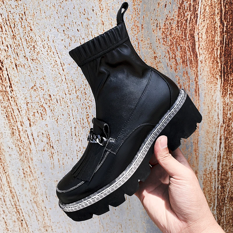 

Women's high Heeled Boots Genuine Leatehr Chunky Heels platform motorcycle Shoes Woman Winter Office Lady Working Ankle Boots