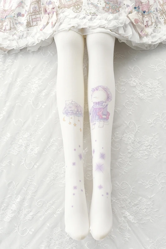 

Japanese Original Soft Sister Kawaii girl Cosplay Lolita Taking pictures Sweet Cute stars Cloud cat print base socks Pantyhose