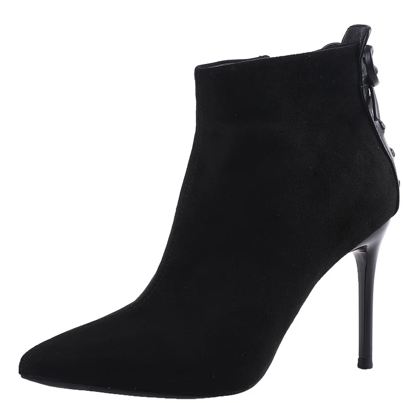 

Flock Boots Women Pointed Toe Thin Heels High Heel Shoes Autumn Winter New Side Zipper Ankle Boots Ladies Stiletto Shoes