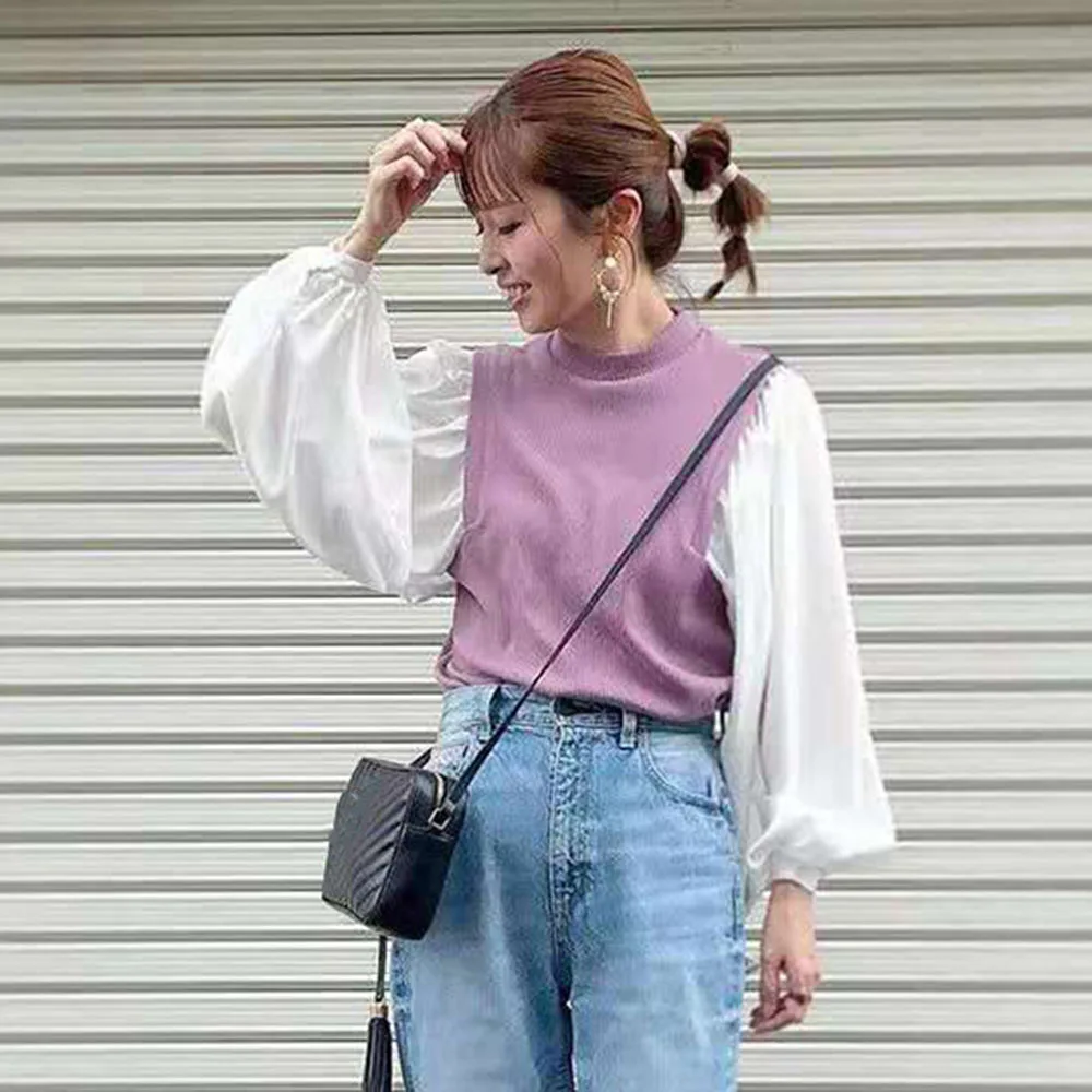 

Женская футболка с круглым вырезом, контрастный пуловер контрастных цветов в японском стиле с рукавами-фонариками, осень 2021