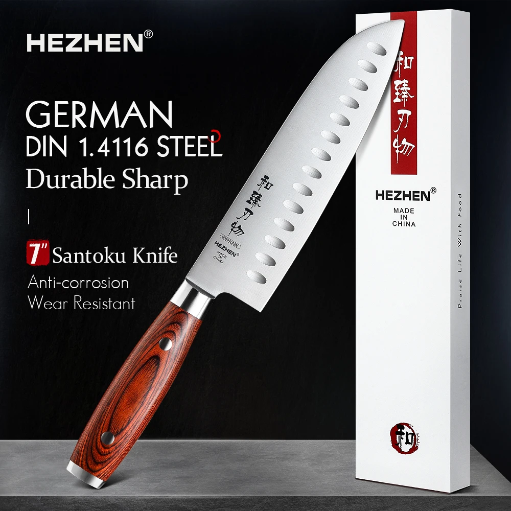 HEZHEN 7 дюймов Santoku Kinfe Профессиональный немецкий DIN 1 4116 стальной супер Острый