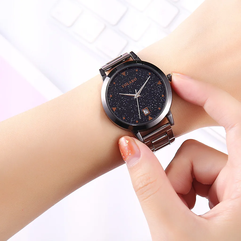 YOLAKO Fashion Simple Women Watch Sleek Minimalist Calendar Stainless Steel Mesh Strap Ladies Clock Quartz Wrist Watches reloj | Наручные