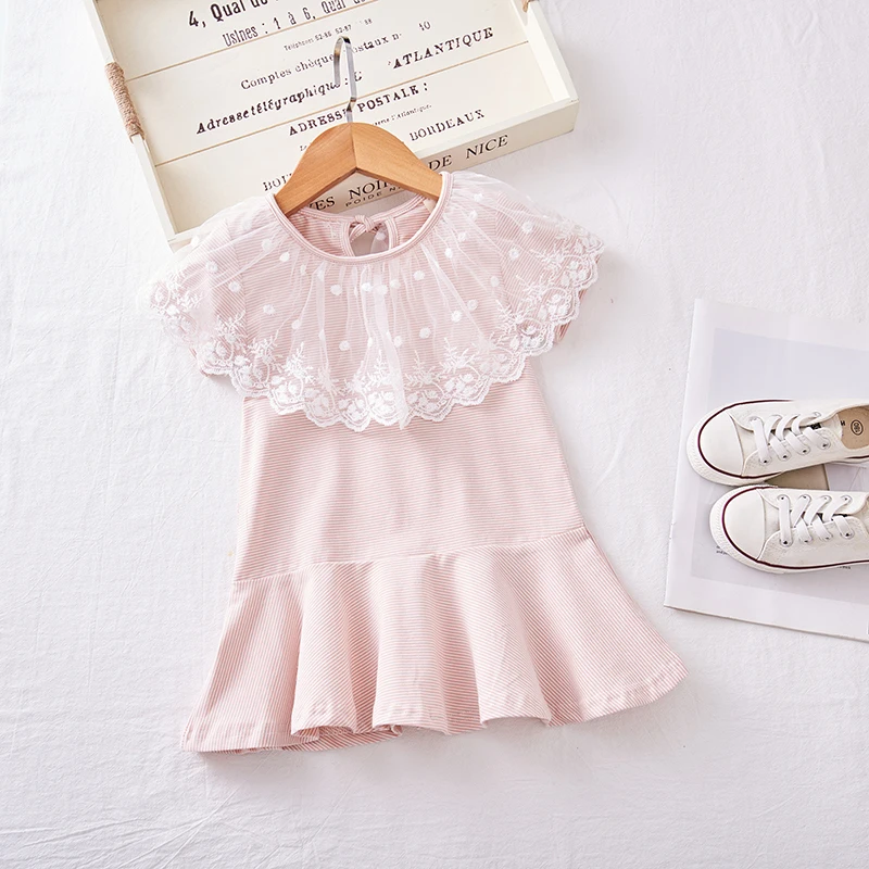 2019 New children's short-sleeved dress girl's striped baby lace collar kids dresses for girls | Детская одежда и обувь