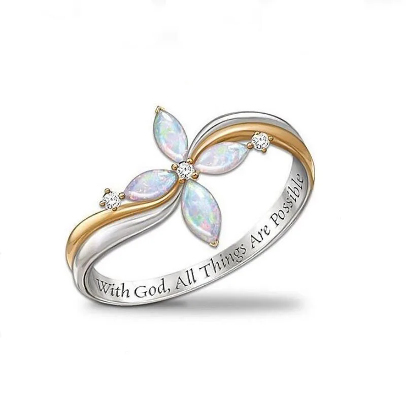 Jesus Lord Cross Opal Gold Double Color Women Finger Rings Female Fashion Semi-precious Stone Flower | Украшения и аксессуары
