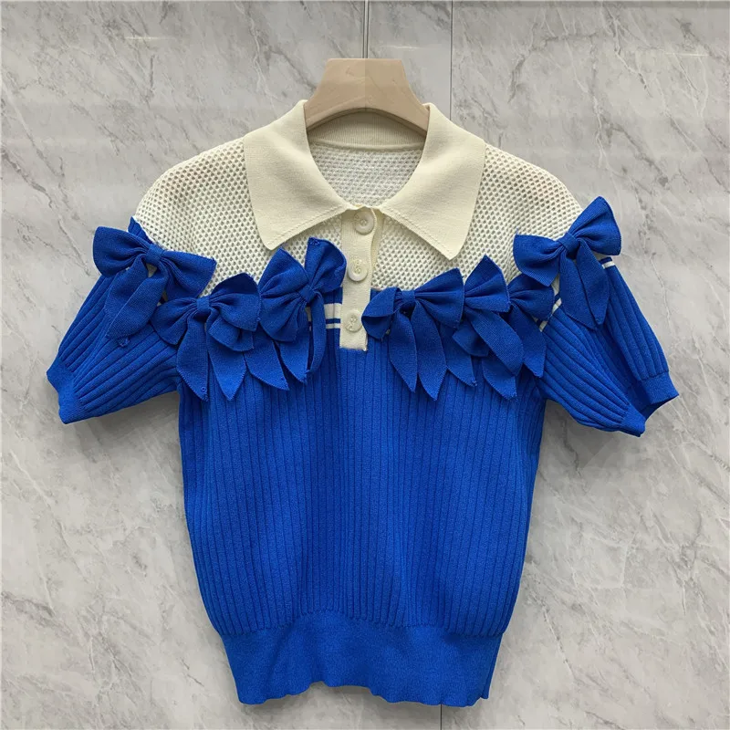 

Elegant Clothing Lady Fashion Contrast Collar Turn-downed Collar Knitwear Bow Patchwork Short Puff Sleeve T-shirt Casual Top
