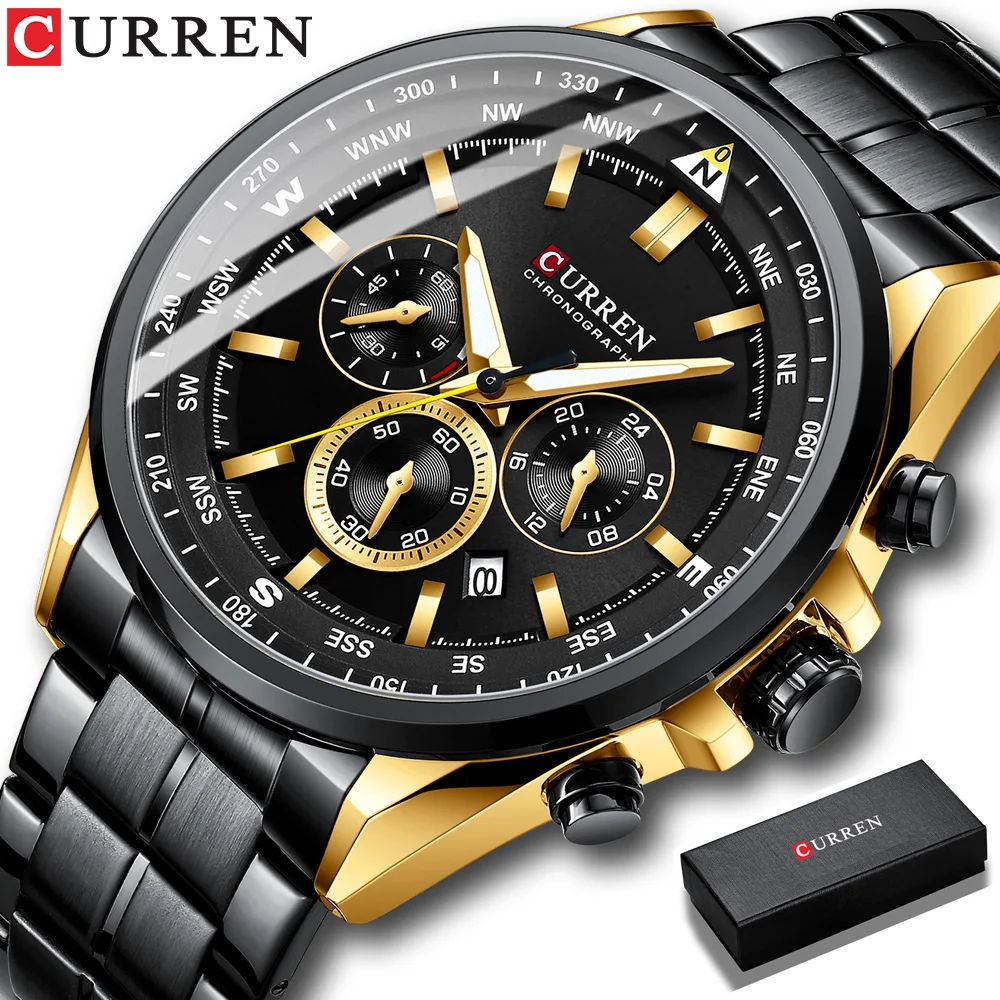 

CURREN 8399 Causal Sport Chronograph Men's Watches Stainless Steel Band Wristwatch Big Dial Quartz Clock with Luminous Pointers