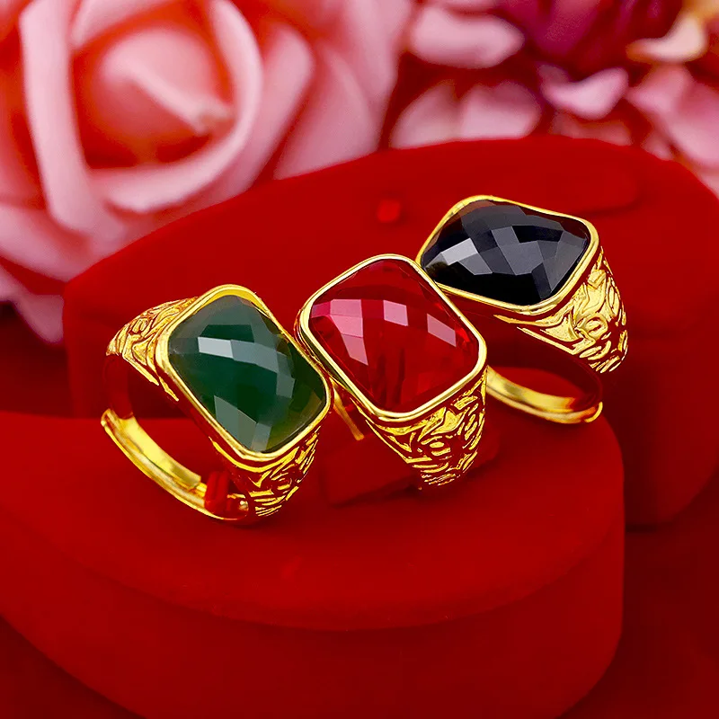 

Luxury Fashion 14K Gold Ring for Men Wedding Engagement Jewelry with Big Gemstone Green Emerald Ring Red Jade Stone Male Gifts
