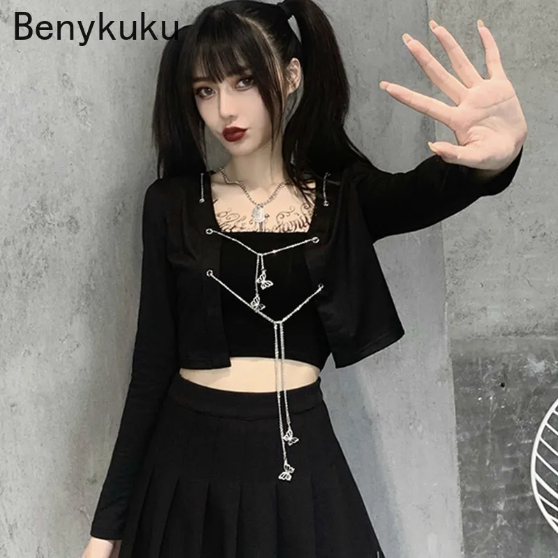 

Женский короткий топ на завязках, готический облегающий черный топ с длинным рукавом и цепочкой, модная уличная одежда на шнуровке, осень