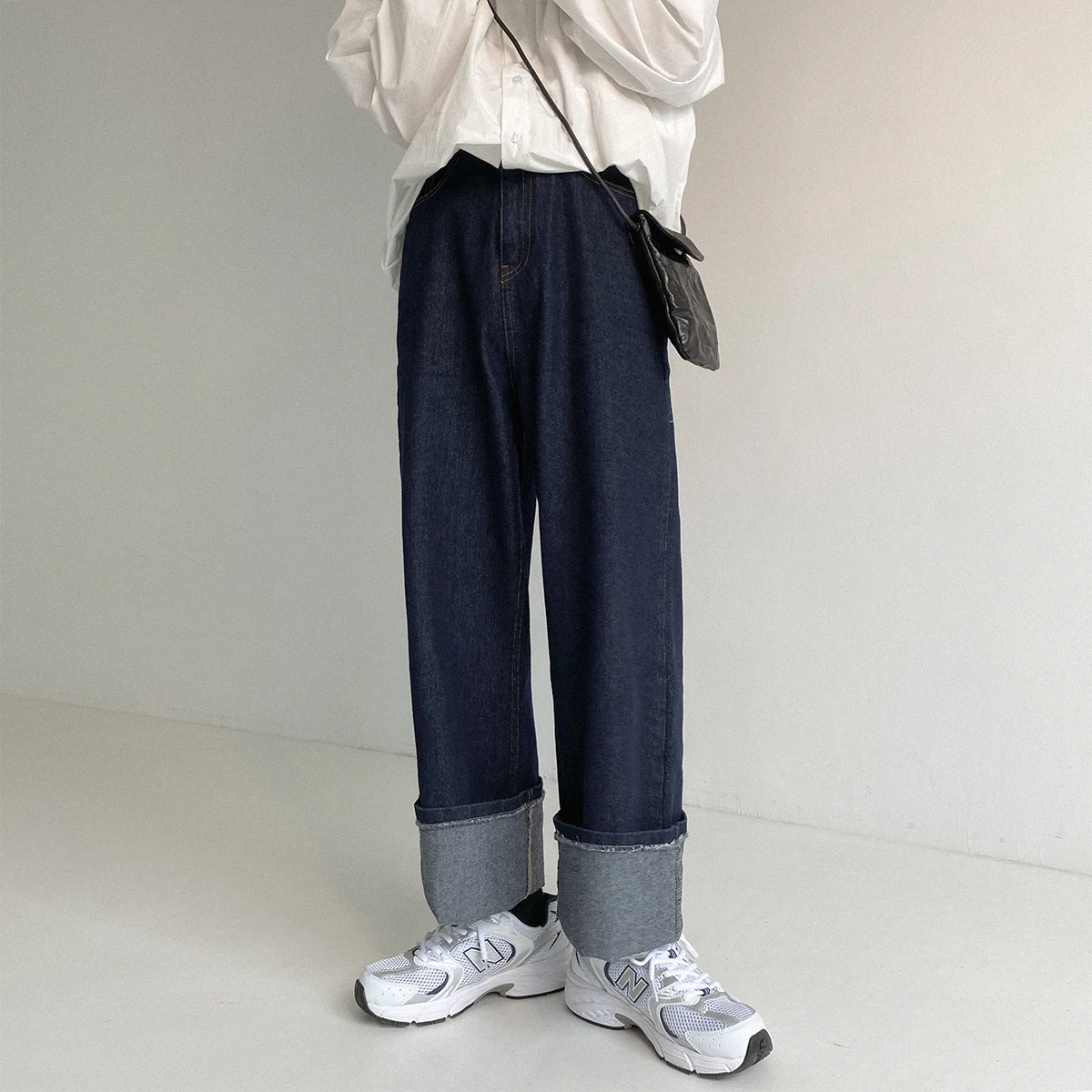 

Брюки мужские джинсовые в стиле ретро, прямые штаны с широкими штанинами, свободного покроя, модные брендовые, темно-синие, на осень