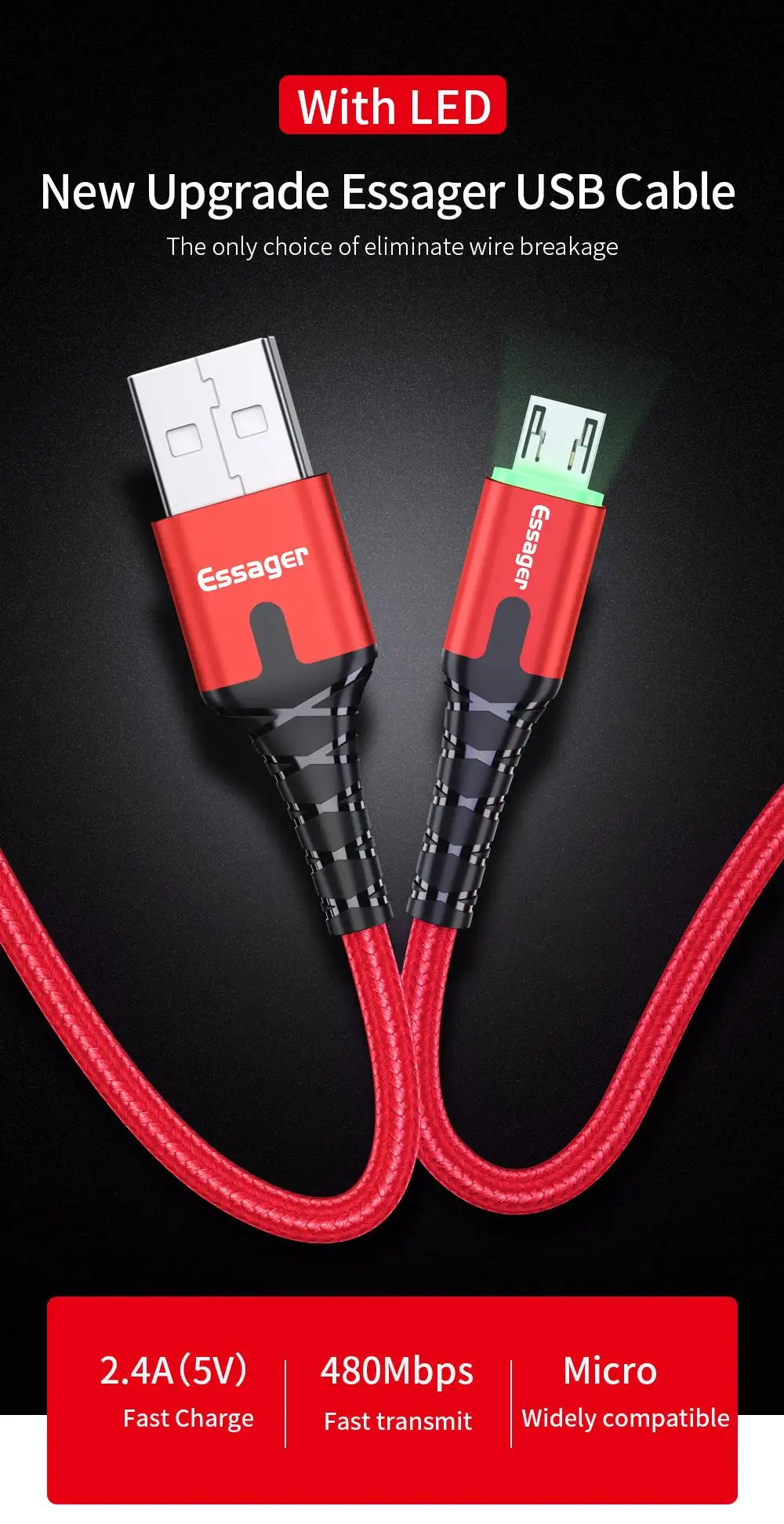 Essager светодиодный Micro USB кабель для быстрой зарядки и передачи данных провод шнур 2m 3M USB зарядное устройство через Micro USB кабель для samsung Xiaomi LG Android мобильного телефона