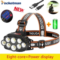 super bright usb rechargeable built in battery 8 led strong headlight head mounted flashlight outdoor rechargeable night fishing
