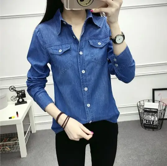 Женская рубашка из денима с длинными рукавами Джинсовая блузка Классическая