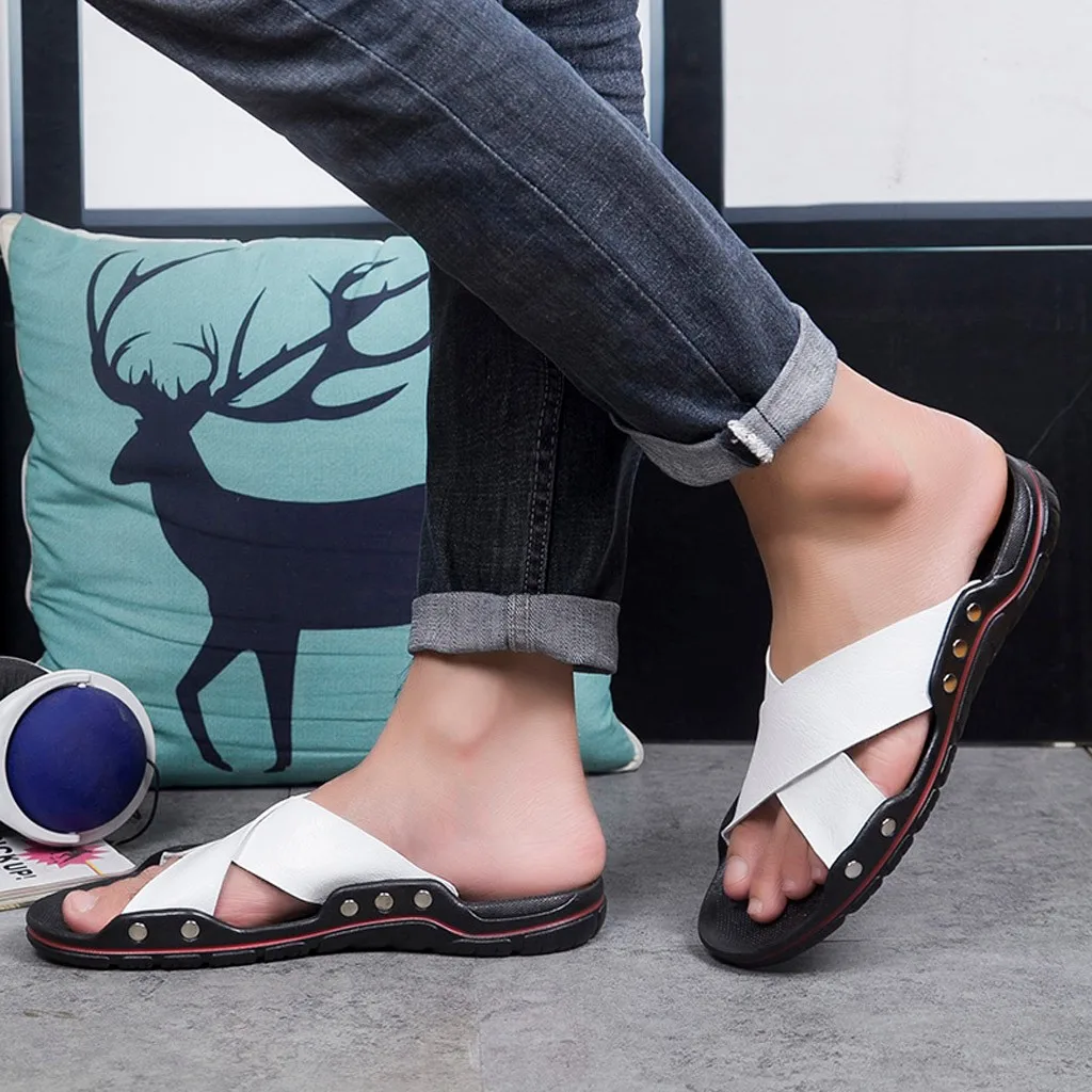 

Summer Leather Sandals Men Outdoor Beach Sandals Comfortable Fashion Mens Breathable Rubber Flip Flops Shoes 2020 Large Sizes 12