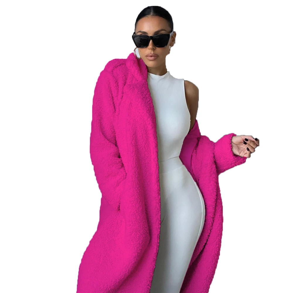 

Женская Длинная зимняя куртка, розовая пушистая Толстая Повседневная куртка из искусственного меха ягненка и плюша, однотонное пальто с фл...
