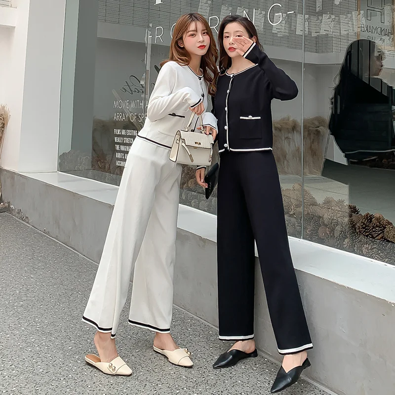 2019 трикотажные костюмы женские осенние широкие брюки + наборы свитеров для