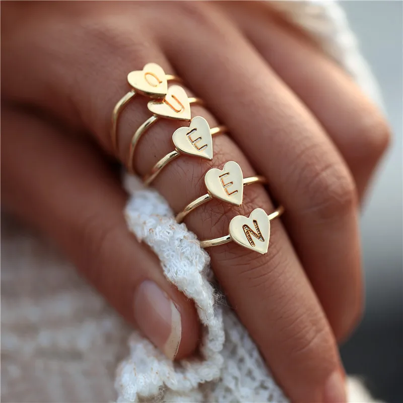 

Adjustable Gold Rose Gold Color Heart Letters Rings For Women DIY Name Ring Set Statement Engagement Party Jewelry 2018