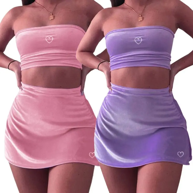 

Womens Sexy 2Pcs Velvet Outfits Strapless Off Shoulder Tube Top Bodycon Skirt Solid Color Rhinestone Heart Clubwear