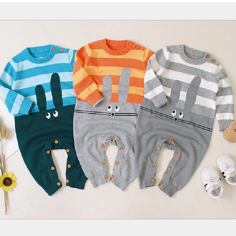 Вязаный детский комбинезон с кроликом для новорожденных осенне-зимняя одежда