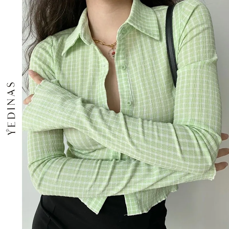 

Женская винтажная клетчатая рубашка yeilas, облегающий кардиган, укороченный топ с длинными рукавами в Корейском стиле, зеленая уличная одежда, весна 2021