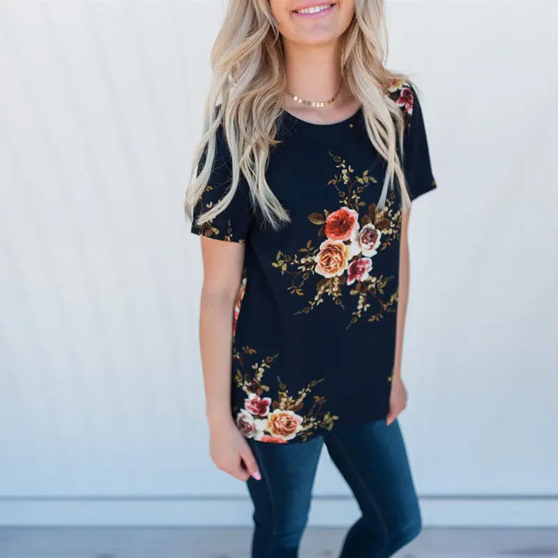 

Cute Casual Fashion Summer New Women Ladies Show Thin Short Sleeve O-Neck Pullover Floral Print Shirt Tops 3 Color