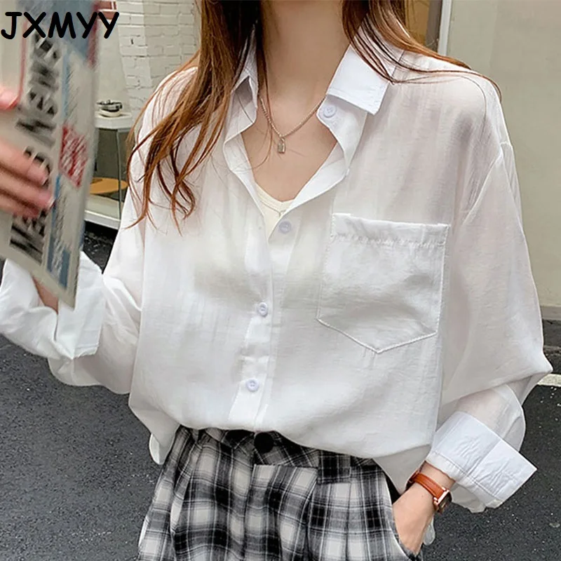 

2021 summer new Korean casual wild loose long-sleeved sunscreen shirt blouse summer air-conditioned shirt JXMYY
