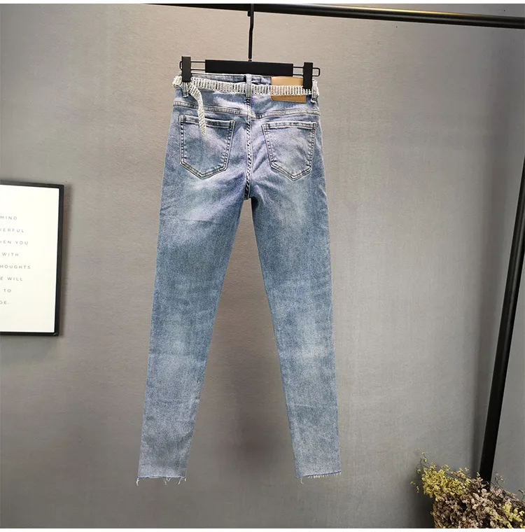 

2021 Spring Fall New European Stretch Slim Lady Denim Trousers Hot Drilling Jeans Tappered Fashionable Pencil Pants