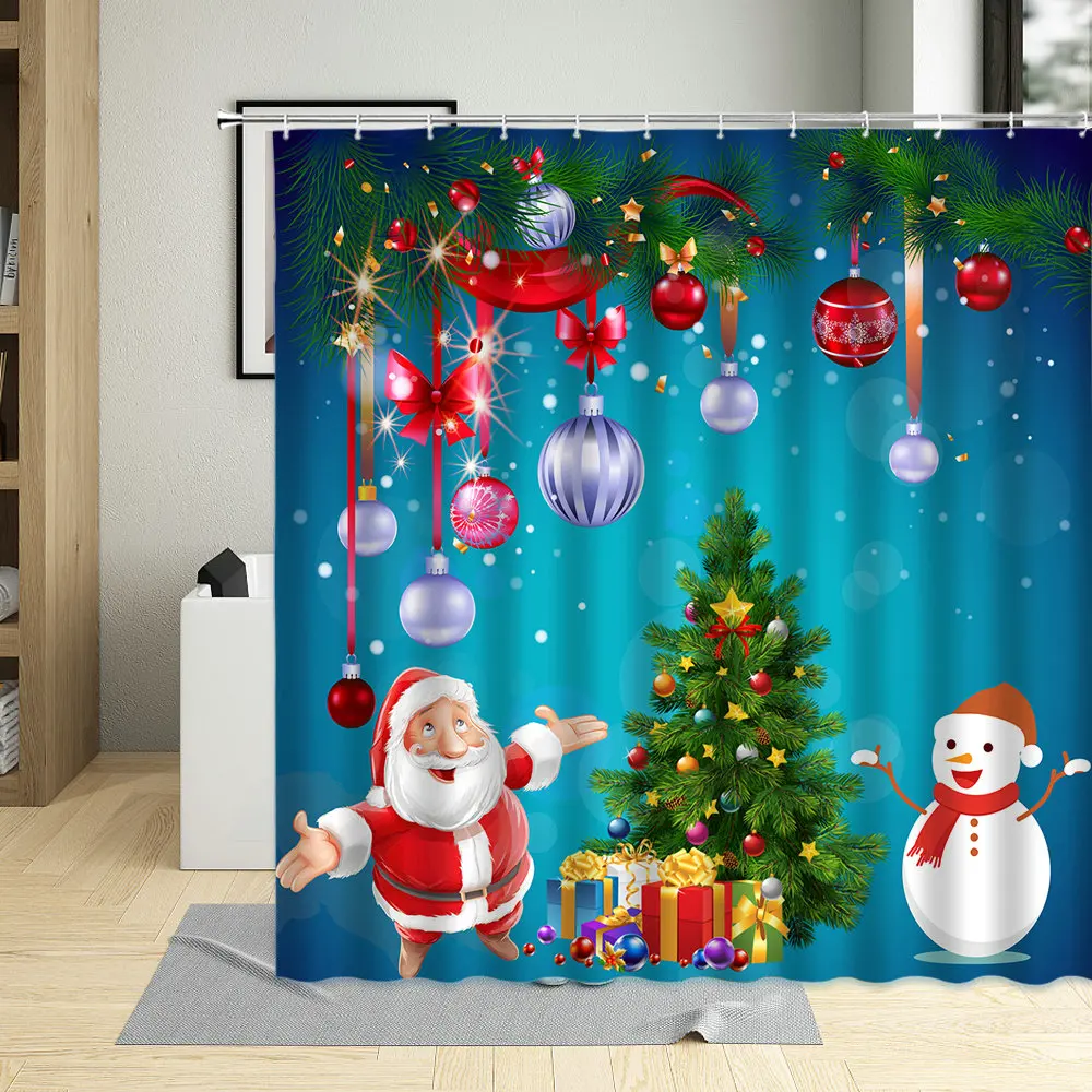 

Christmas Shower Curtain Santa Claus Snowman Tree Elk Gift Creativity Bathroom Curtains With Hooks Waterproof Fabric Polyester