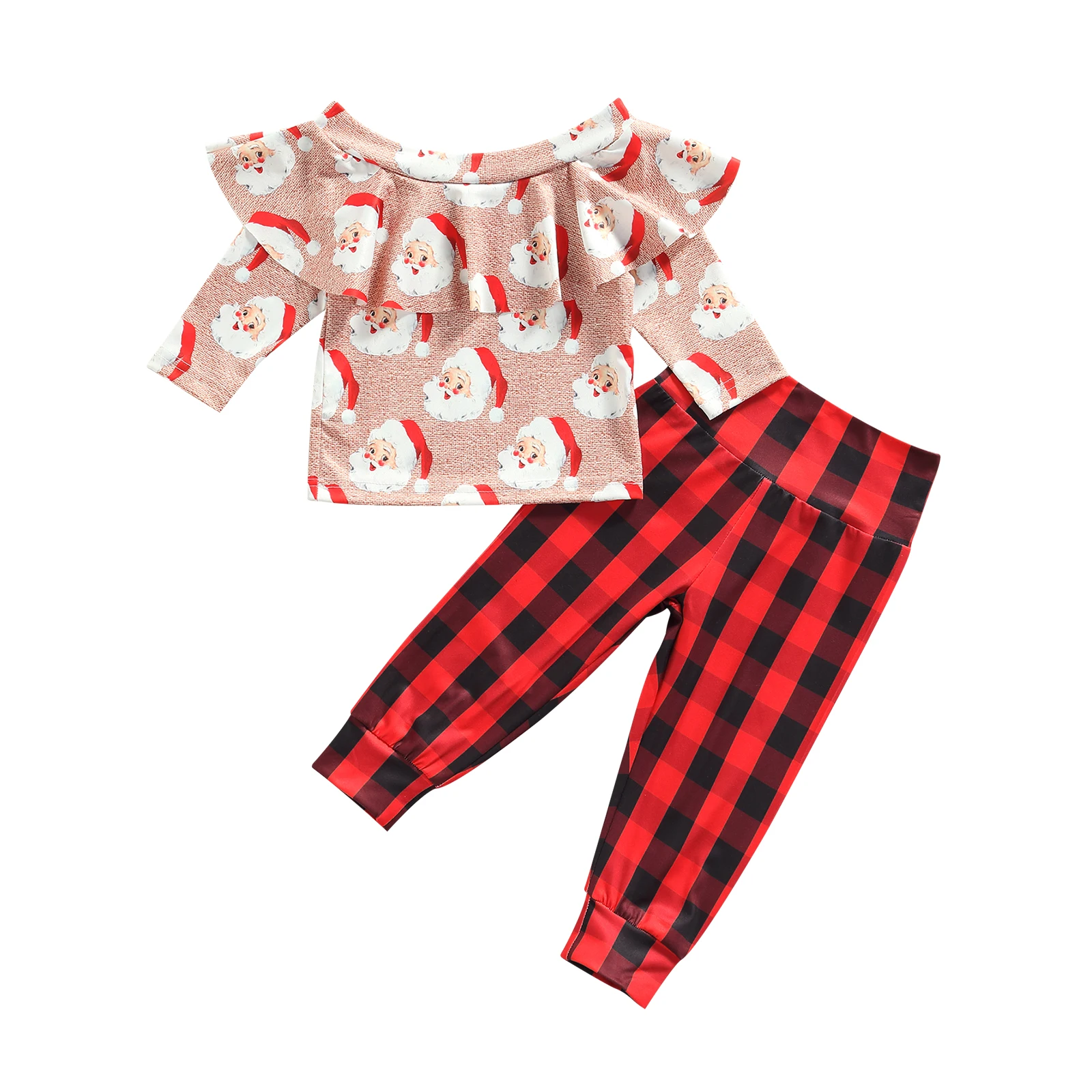 

Baby Christmas Set Girls Clothes Cartoon Santa Claus Print Long Sleeve T shirt Tops and Red Plaid Long Pants Clothing