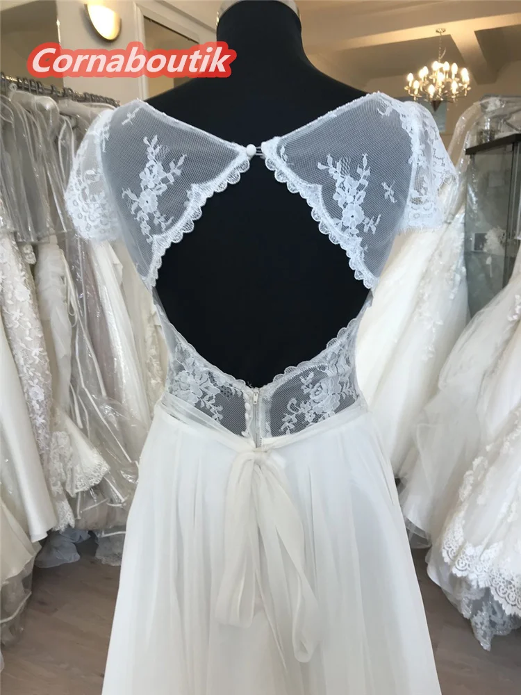

Real Pictures Vestido De Noiva Praia A line Chiffon Wedding Dress Lace Bodice Cap Sleeves Pretty Keyhole Back Plus Size Bridal G