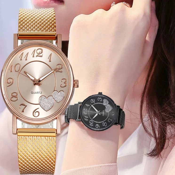 

Ladies Black Mesh Love Heart Dial Watch Bracelet Fashion Stainless Steel Quartz Watch Gift Clock Rose Gold Female Watch Gift