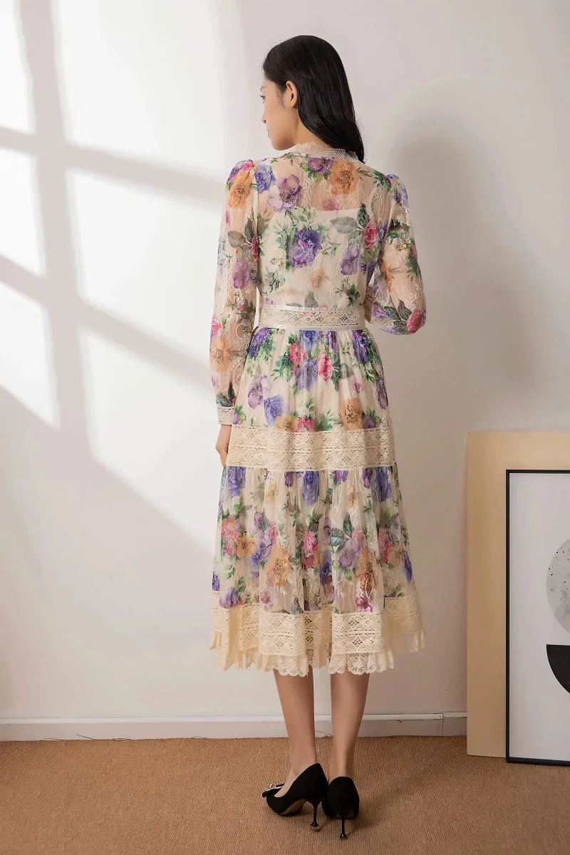 

High Quality Lace Dress 2021 Spring Summer Fashion Party Women Runway Floral Print Cross String Deco Long Sleeve A-Line Dress