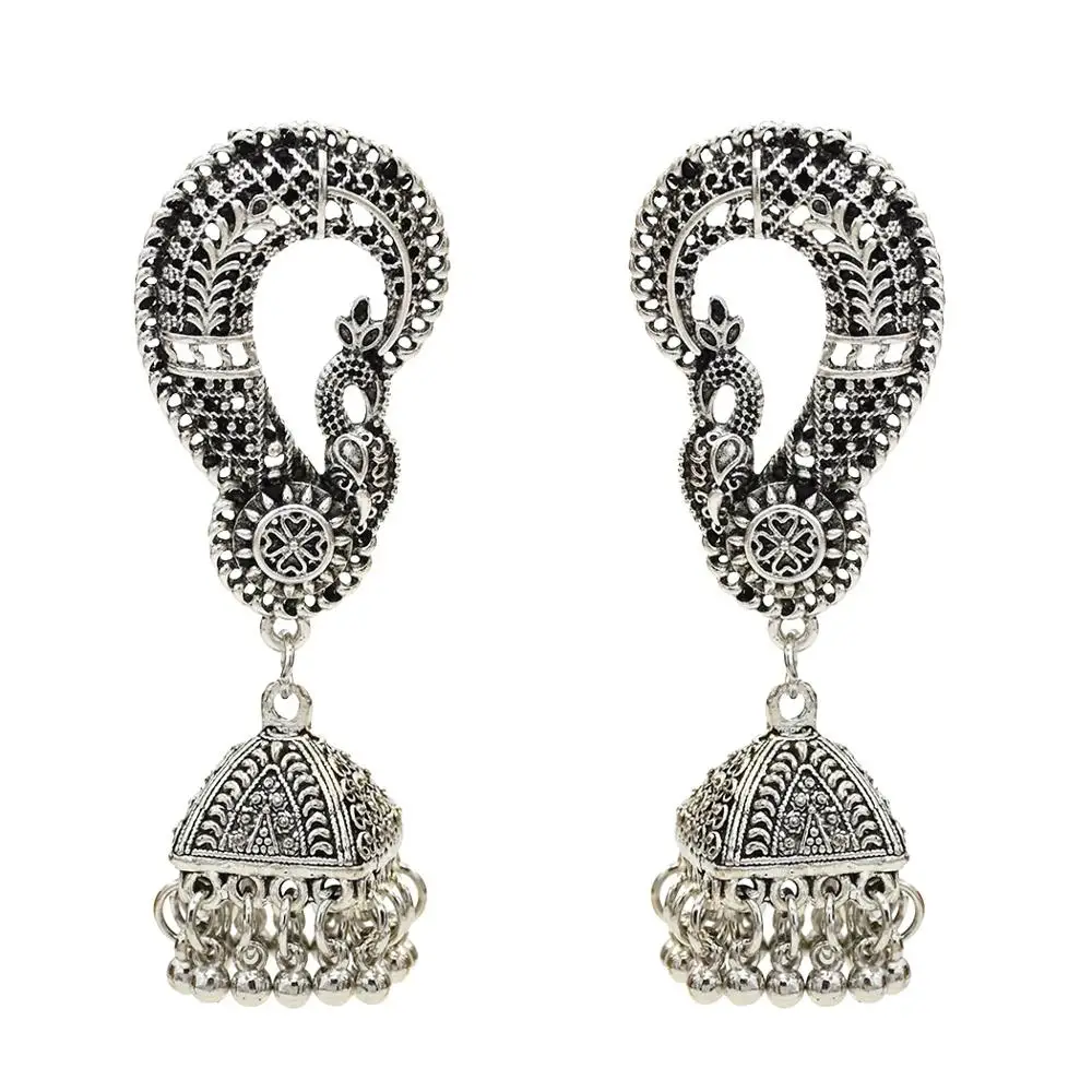 Индийские серьги Jhumka для женщин павлин окисленные Серебряные длинные кисточки