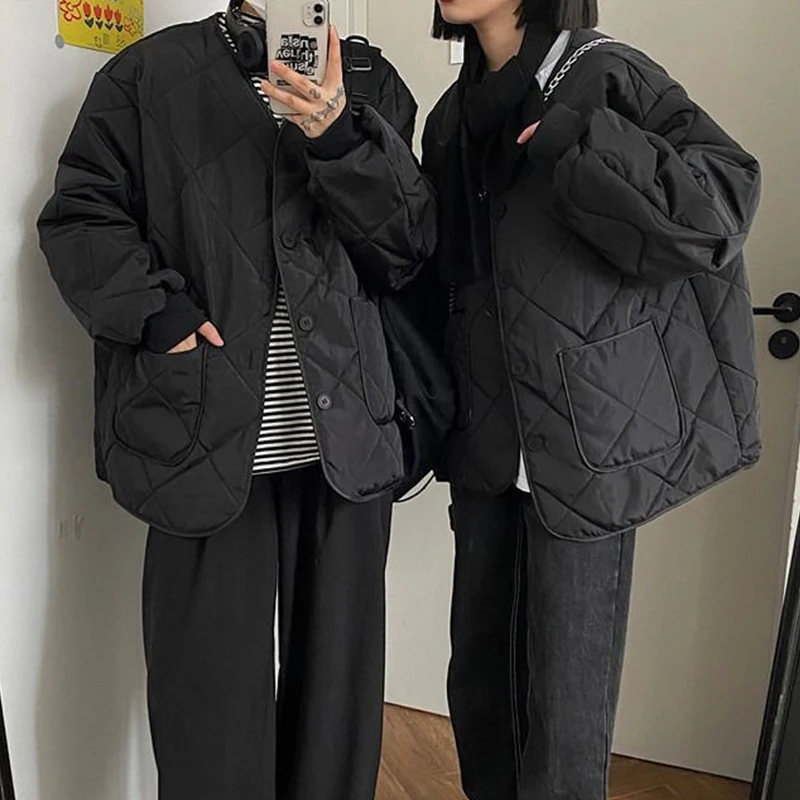 

Стеганые парки в Корейском стиле с бриллиантами, свободное однобортное пальто унисекс с V-образным вырезом, женский модный простой топ с дли...