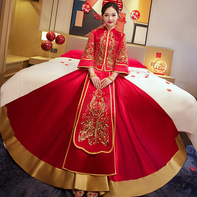 Traditional Mandarin Collar Couple Wedding Dress Exquisite Sequins Beading Embroidery Marry Cheongsam Свадебное платье