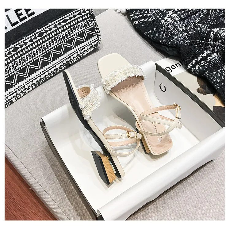 

button sandals women's 2021 summer new Mid Heel thick heel Roman women's shoes fairy style high heels